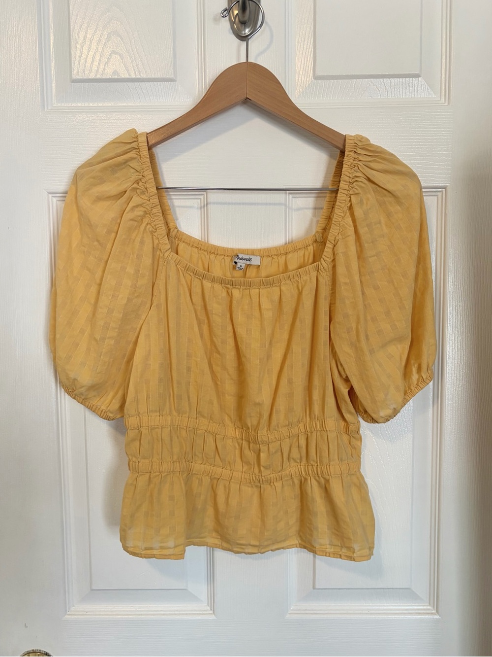 Madewell Butter Yellow Puff Sleeve Top Size M 100% Cotton Square Neck Cottage